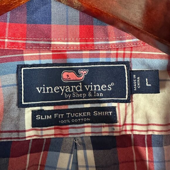 Vineyard Vines Shirt Mens Large Slim Fit Tucker Button Down Red Blue Plaid Cotto - Picture 4 of 7